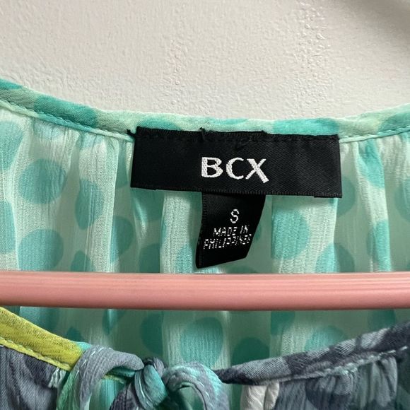 BCX Blue and Green Polka Dot Paisley Semi-Sheer Front Tie Blouse Size Small - Picture 2 of 6